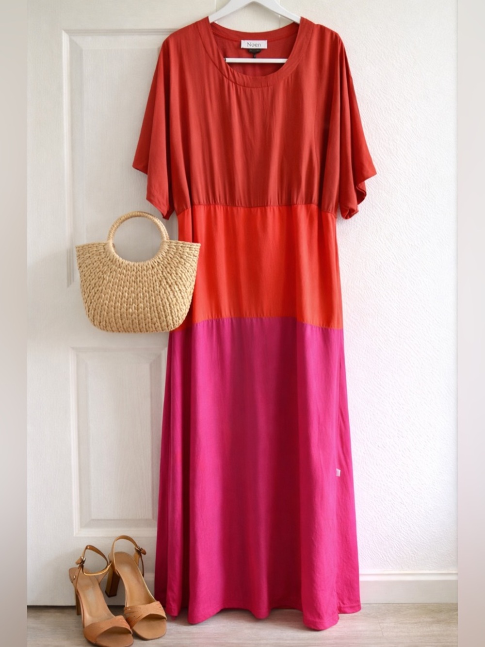 Noen Lyocell Colorblock Maxi Dress Red Pink Scandi Minimalist Size XL
